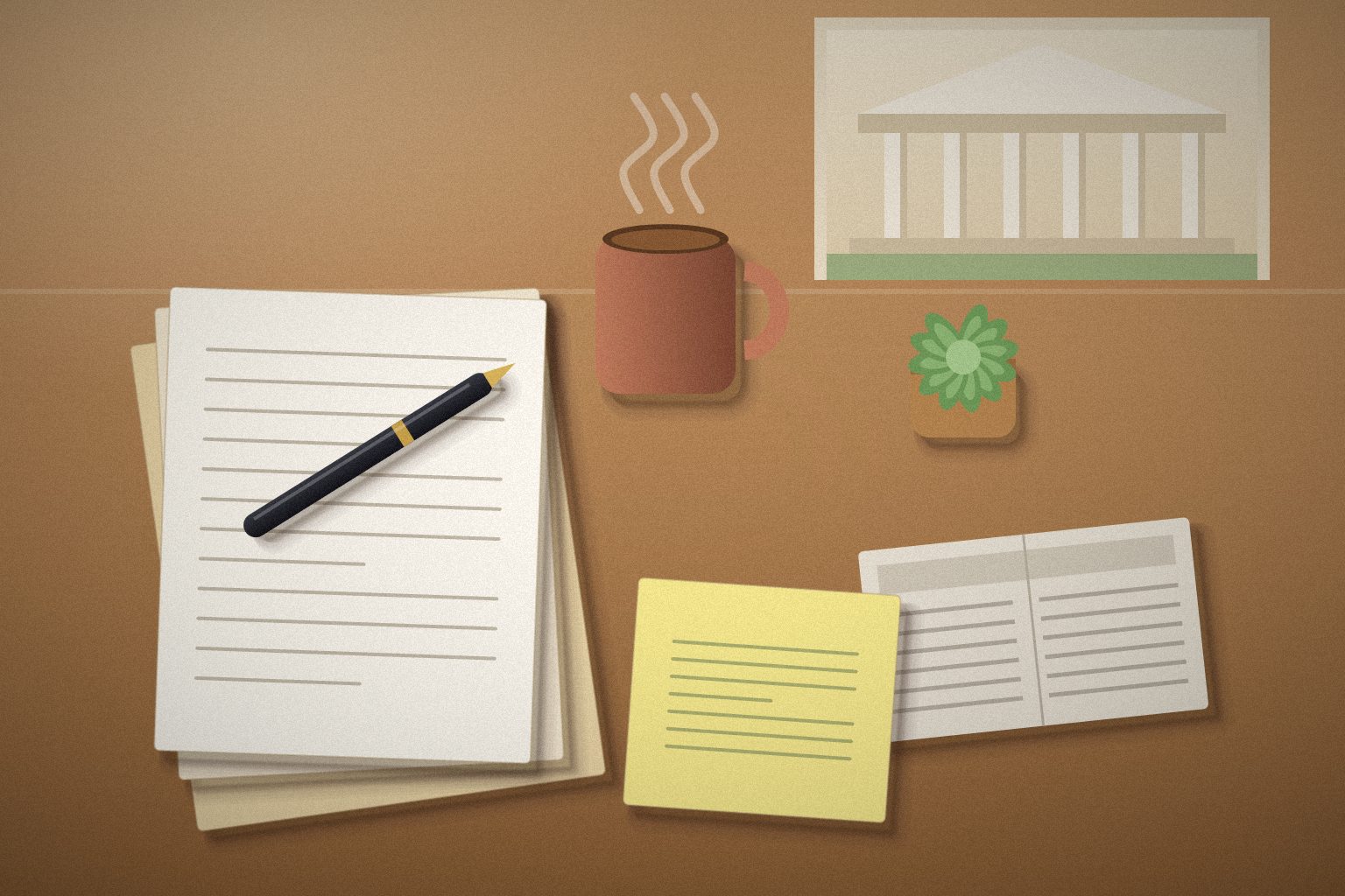 Illustration of a desk with a stack of court papers, a pen and a folded newspaper, with a courthouse outline in the background