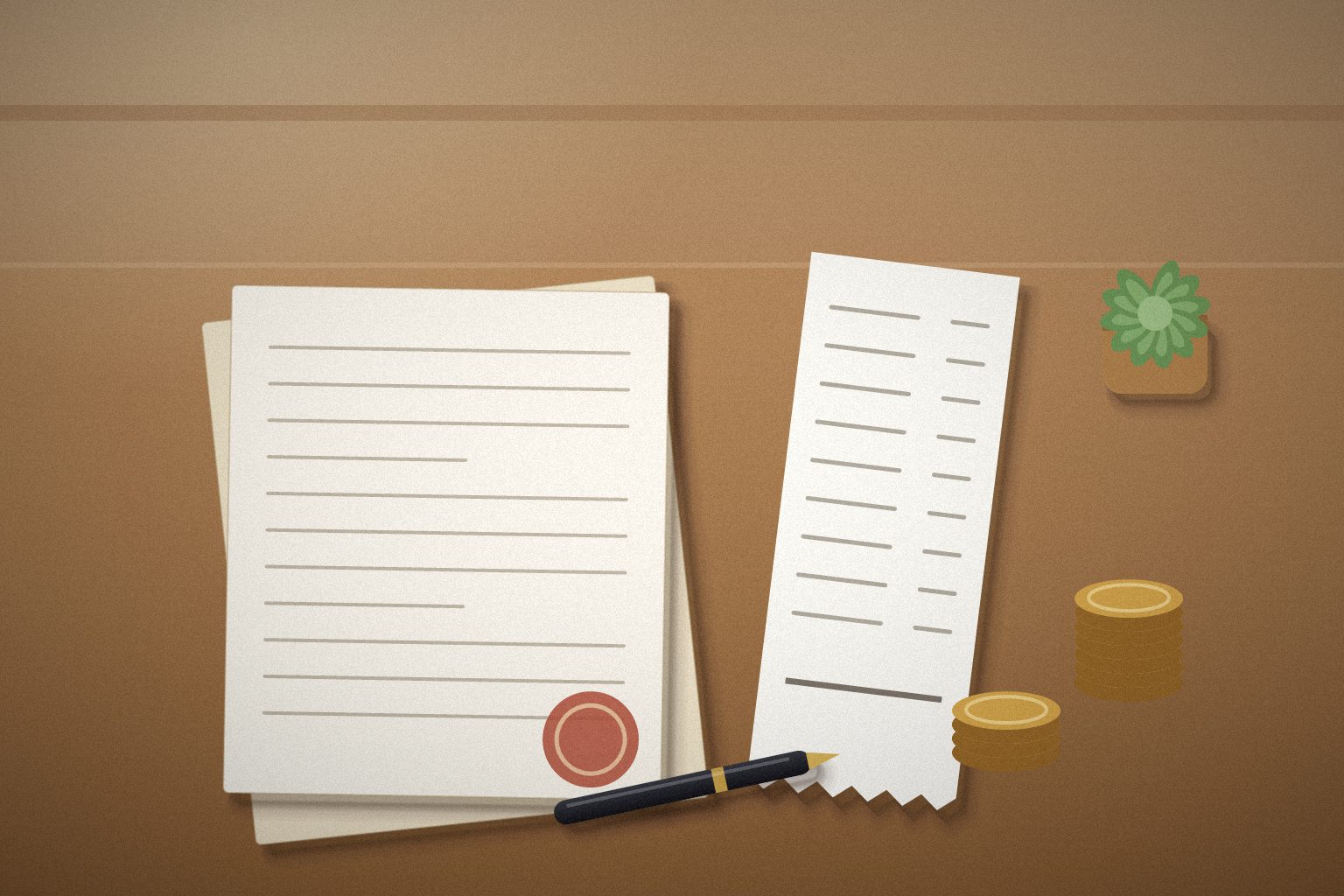 Illustration of a court document with a red seal, a long receipt, a pen and two stacks of coins on a warm wooden desk