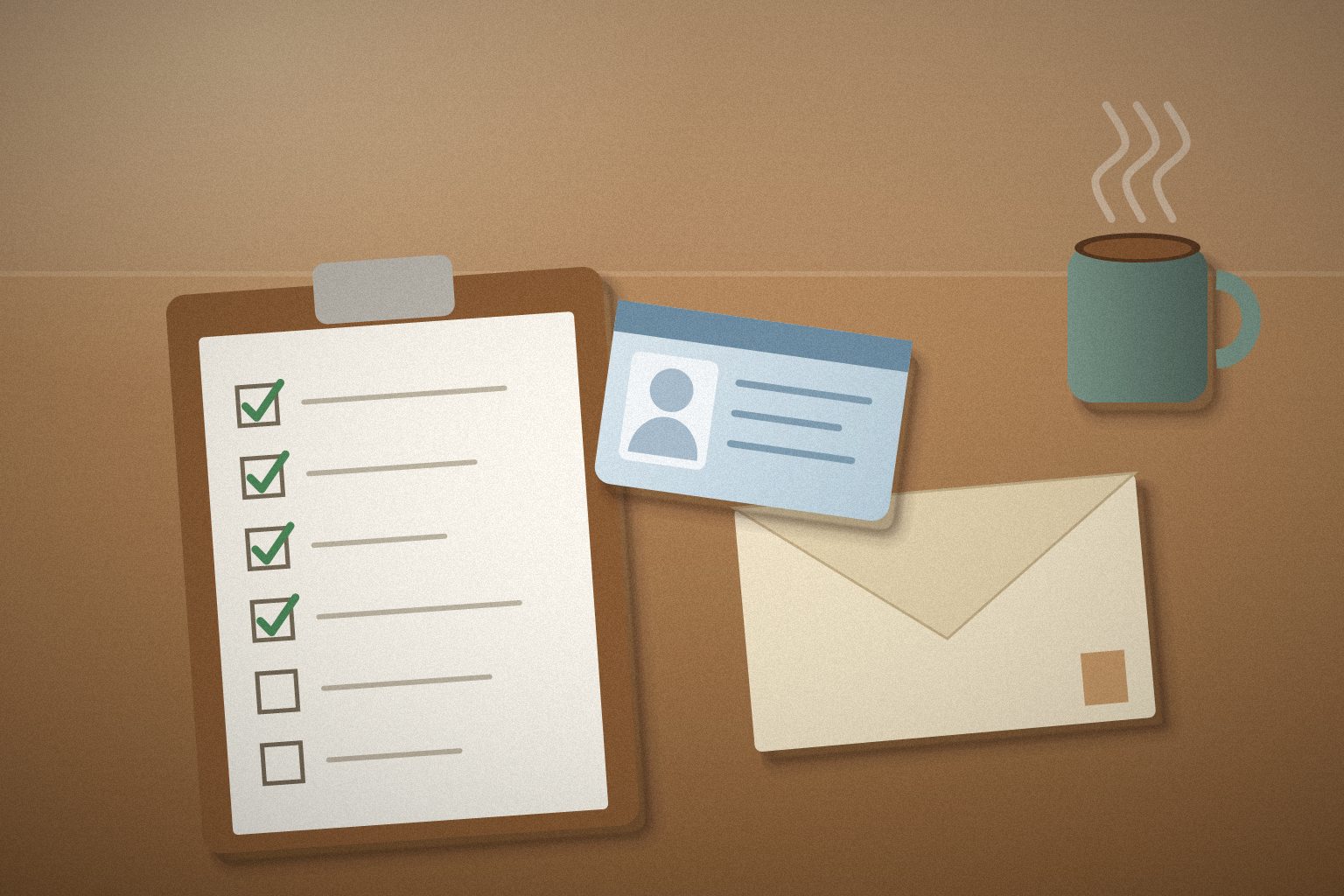 Illustration of a blank identification card, an envelope and a checklist on a warm wooden desk